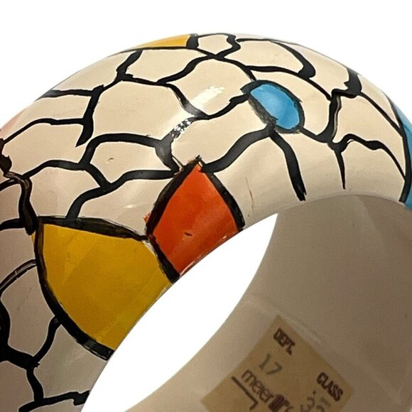 Vtg Retro Artisan Hand Painted Wood Geometric Crackle Bangle Bracelet 80s 90s - Picture 9 of 12